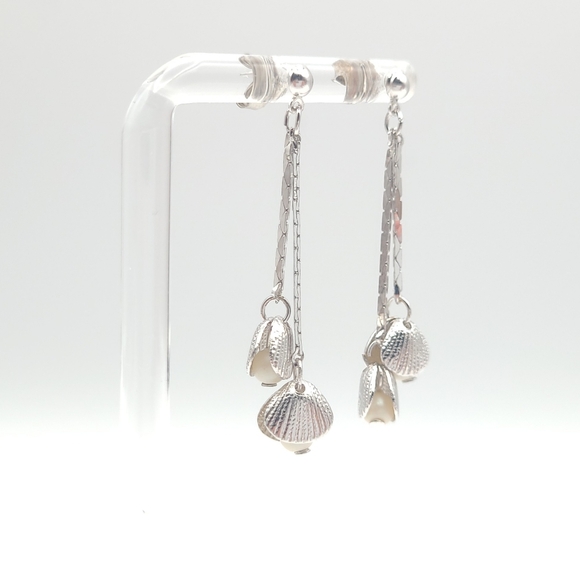 Silver Seashell Drop Earrings with Pearl | Dainty Beach Coastal Jewelry - Picture 2 of 9